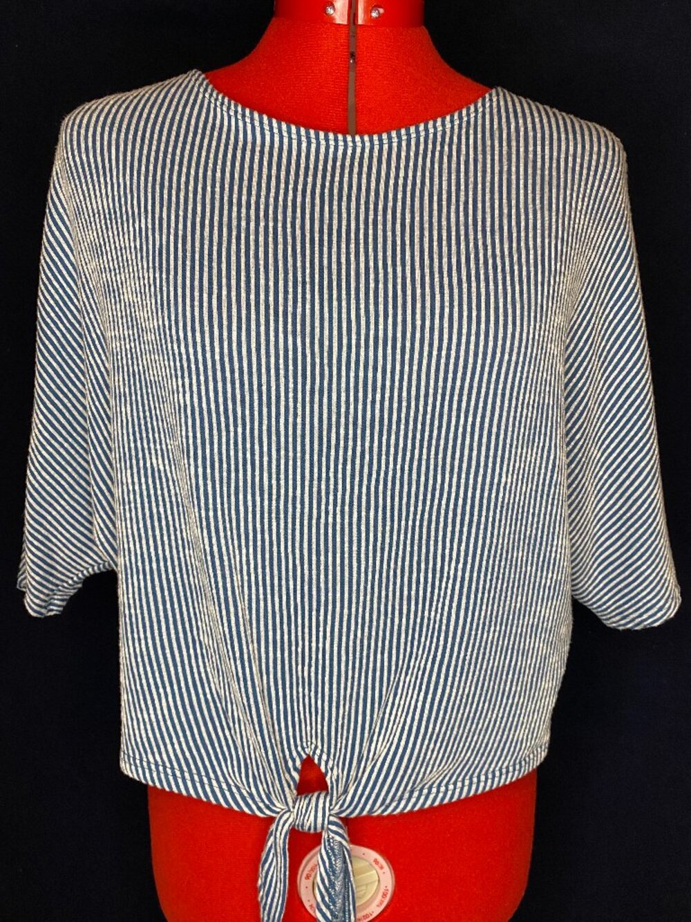 Blue and White strip crop batwing top Sz M